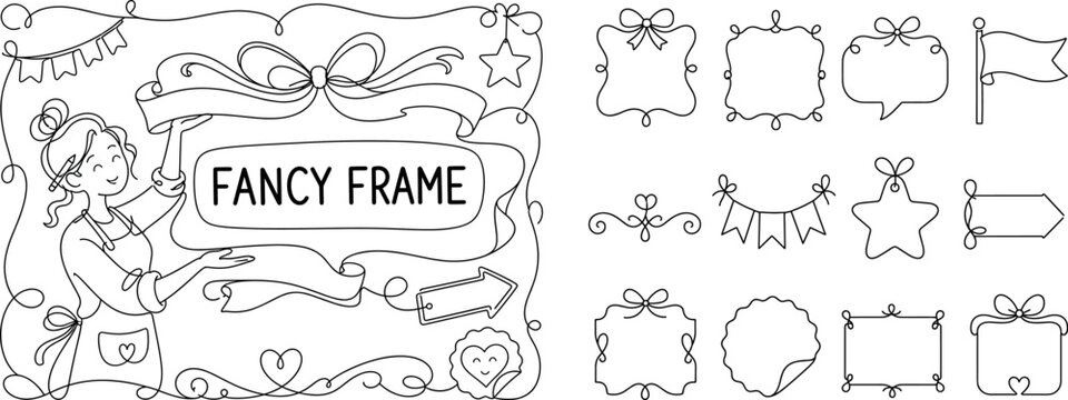 Decorative Ribbon Frames. Clean one-line drawing banner with one craft designer character holding oversized ribbon frame across the full canvas, large decorative border and speech label reaching all