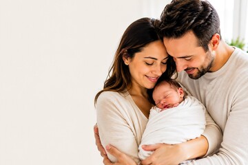 Fototapeta premium Father and mother embracing their newborn baby with golden hour lighting, premium family photography in high resolution 4K with luxurious beige tones and cinematic editorial style