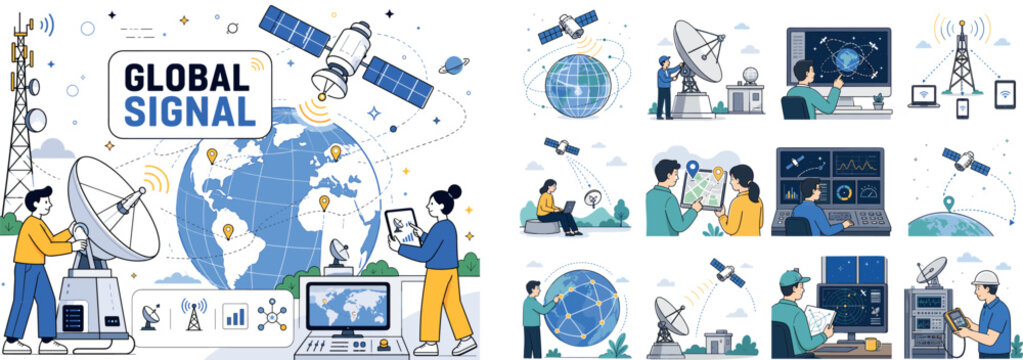 Satellite Communication. Editorial banner about satellite communication, antennas, orbits, signal icons, earth grid, space position, trajectory, orbital rings, ground station, tower, GPS, user