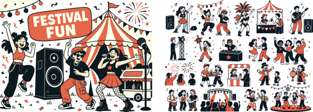 Festival Celebration Parade Banner scene about festival, music event and celebration parade, 3 expressive performers and visitors dancing around one oversized stage speaker and one giant decorated