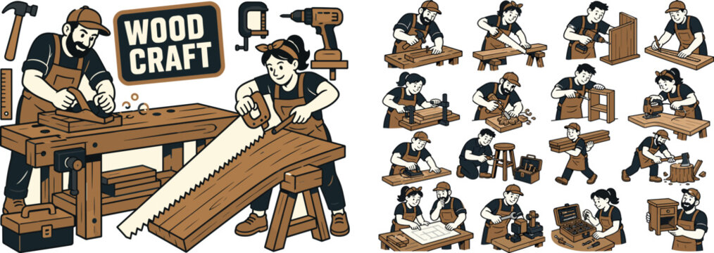 Carpentry Workshop Craft Banner scene about carpentry, handyman tools and woodworking workshop, 2 expressive craftspeople building around one oversized wooden workbench and one giant saw plank