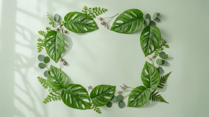 Fototapeta premium Monstera leaf frame on green background with soft window light
