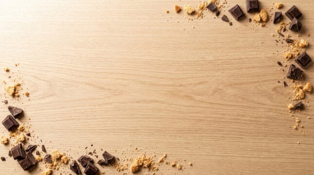 Dark chocolate chunks and cookie crumbs border on wood background