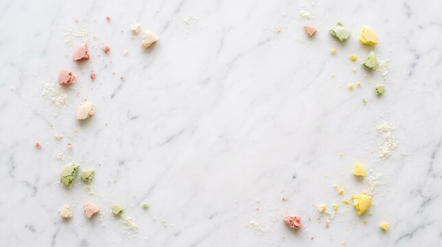 Colorful Macaron Crumbs Border on Marble Surface with Copy Space