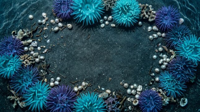 Underwater circular frame of sea anemones pearls and coral