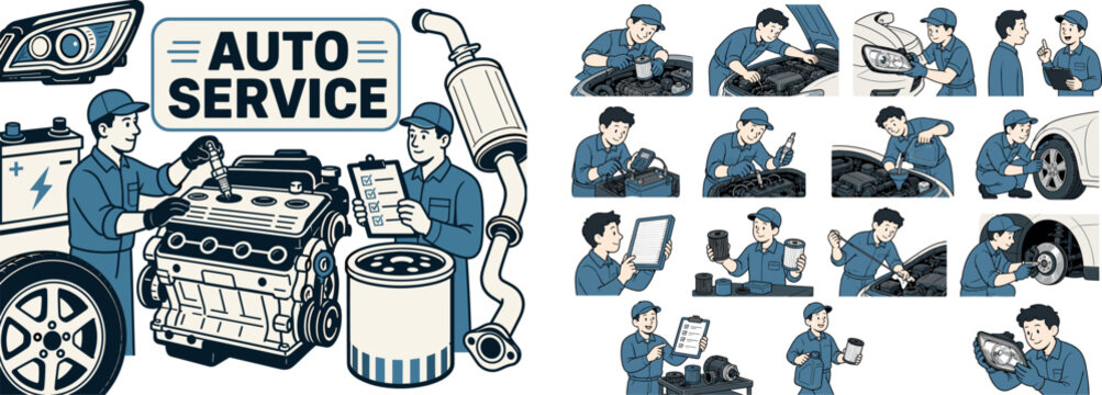 Car Service Parts banner, clean focused auto repair scene with two mechanics beside a large oversized engine block and a large motor oil filter display, one character replacing spark plug, one