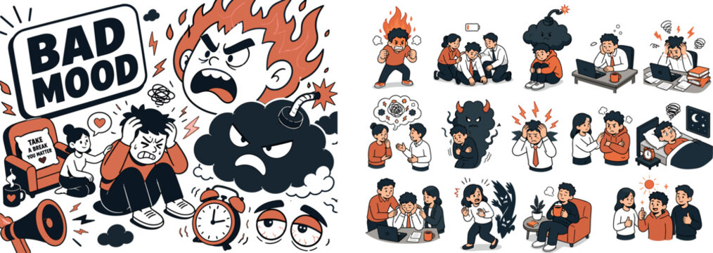 Stress Bad Mood Symptoms - Edge Line Burnout Mood flat vector digital illustration, doodle flat, thick outline, expressive characters, simple shapes, playful proportions, exaggerated scale, minimal