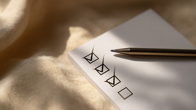 Close-up shot of a white checklist notepad with three checked boxes and one unchecked box, positioned beside a ballpoint pen on a textured fabric