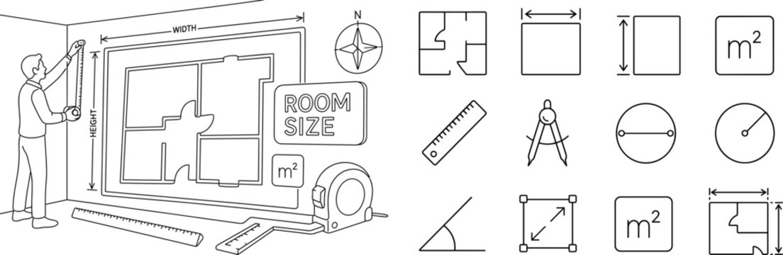 Room Size Measurement. Clean one-line drawing banner with a designer measuring a room beside an oversized floor plan and dimension arrows, with ruler, square meter label, height marker, width line,