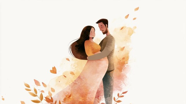 A pregnant woman and her partner stand together in a gentle embrace against a white background with warm colors and leaves.
