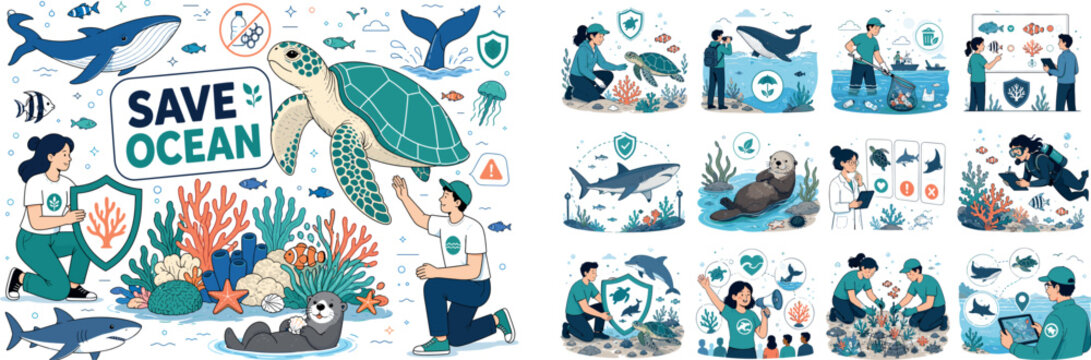 Marine Conservation. Editorial banner about marine conservation, endangered ocean life, whale, turtle, shark, coral, otter, sea animals, extinction risk, red list status, fish, awareness, eco