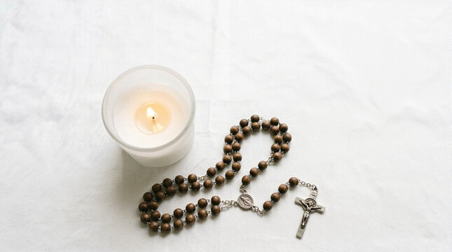 Candle with rosary beads and cross on white table for peaceful prayer and reflection. Rosary beads with wooden texture and silver cross accompany candle's gentle light for spiritual moments.