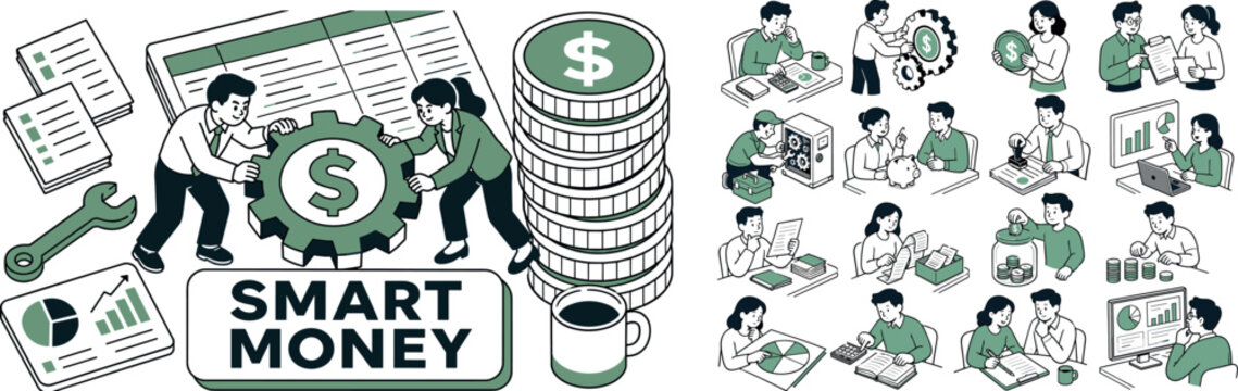 Money Gear Finance banner, clean focused full-canvas scene of two expressive office characters adjusting one oversized gear with a dollar mark, large ledger sheet stretching to top edge, oversized