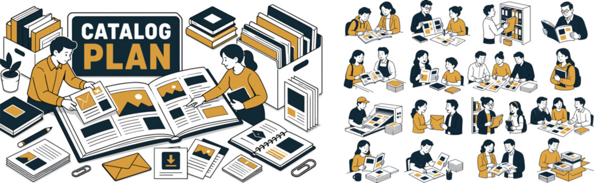 Catalogue Publishing Guide banner showing a catalog publishing and booklet organization scene, two office characters arranging an oversized open catalogue and large folder stack stretching across all