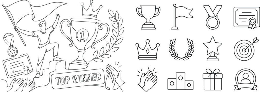 Winner Achievement Awards. Clean one-line drawing banner with a champion celebrating beside an oversized trophy cup and victory flag, with medal, certificate, crown, laurel, and applause hands filling