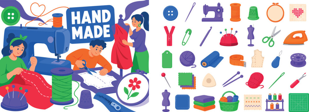 Needlecraft Sewing Tailoring banner scene with three craft makers interacting around oversized sewing machine and giant thread spool, one stitching fabric with needle, one cutting pattern with