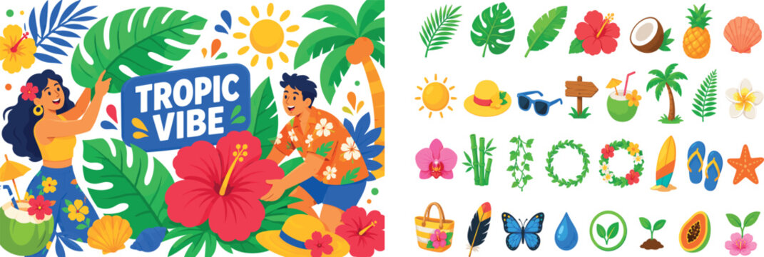 Tropical Leaf Paradise banner scene, two expressive stylized human characters arranging oversized palm leaves and a giant tropical flower, with small coconut, shell, sun, beach hat, and hibiscus
