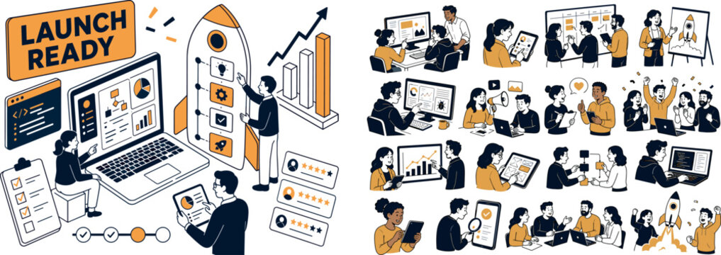 Product Launch Team banner showing software project development, beta testing, and product launch, three professionals interacting with an oversized laptop dashboard and large launch rocket-shaped