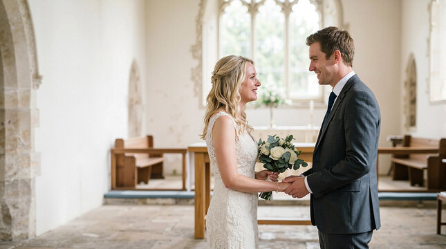 Couple in wedding ceremony exchanging vows in church with bride holding bouquet of flowers. Intimate wedding scene showcases love and commitment between couple in beautiful church setting.