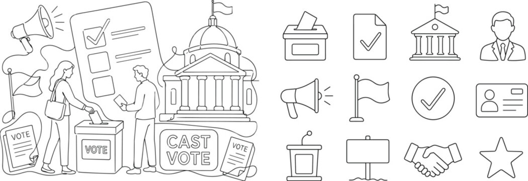Election Voting Democracy Set. Minimalistic one-line drawing banner with two voters and ballot box, oversized check ballot and government building, small elements like megaphone, flag, vote paper