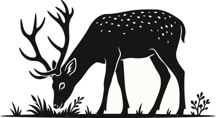 Fototapeta premium Minimalist Grazing Spotted Deer Silhouette – Hand Drawn Stag with Antlers Eating Grass Vector Illustration