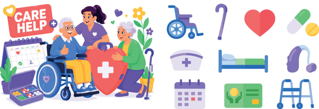 Elder Care Life Banner elderly care scene with two seniors and one caregiver interacting with oversized wheelchair and heart medical kit, walking stick and pill box and calendar filling edges, bold