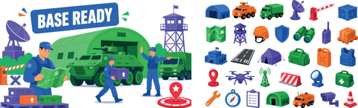 Military Base Defense banner scene with three uniformed base personnel interacting around oversized hangar and giant armored vehicle, one checking tactical map, one carrying equipment crate, one