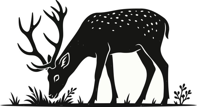 Minimalist Grazing Spotted Deer Silhouette &ndash; Hand Drawn Stag with Antlers Eating Grass Vector Illustration