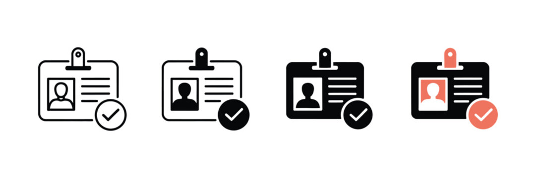 Set of four professional identification badge icons with checkmark symbols for verified security and employee access control systems