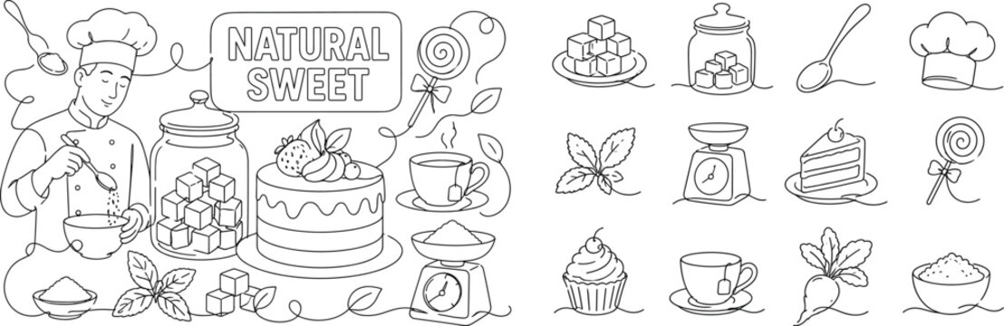 Natural Sugar Desserts Banner. Clean one-line drawing banner composition showing a chef dessert sweetener scene with one chef beside a large oversized jar of sugar cubes and oversized dessert cake,