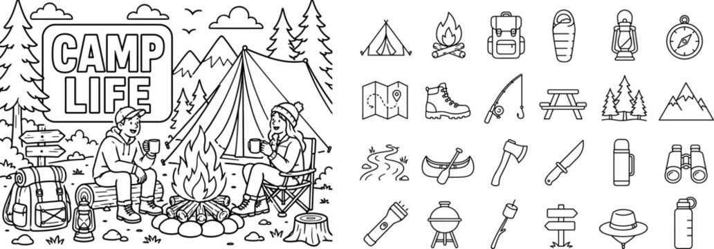 Outdoor Camping Adventure Series banner with two campers near oversized tent and large campfire, small trees and backpack details, bold text CAMP LIFE in rounded rectangle off-center, edge to edge