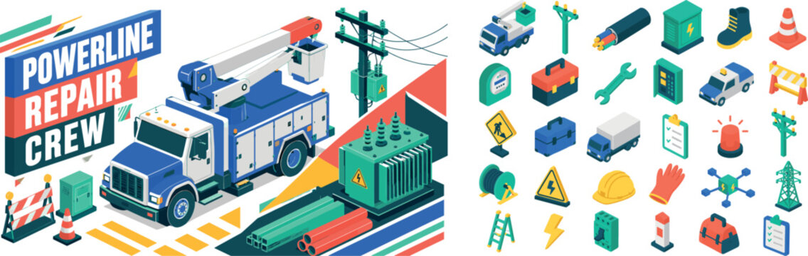 Powerline Repair Crew, oversized bucket truck with bold geometric depth, stacked roadside blocks and diagonal transformer surfaces, asymmetric editorial layout, electric blue and coral with warm