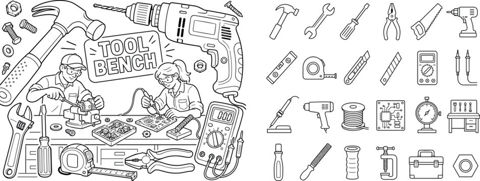 Workshop Tool Maintenance. Clean outline line art banner showing a workshop tool maintenance scene with one oversized hammer and one oversized electric drill stretching across the canvas, two repair
