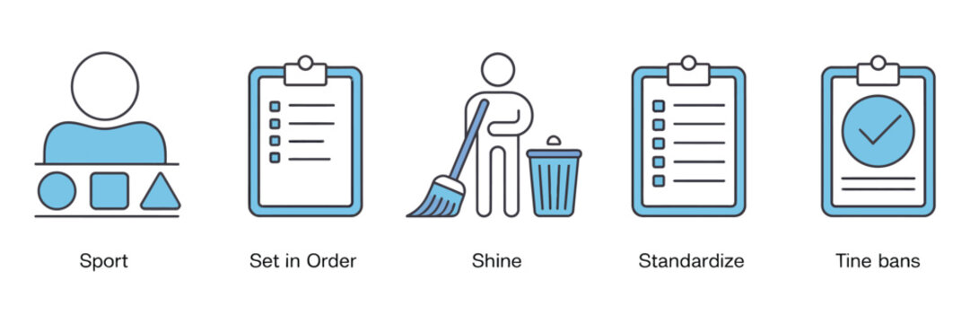 5s methodology lean manufacturing process icons set featuring sorting organizing cleaning standardizing and sustaining icons