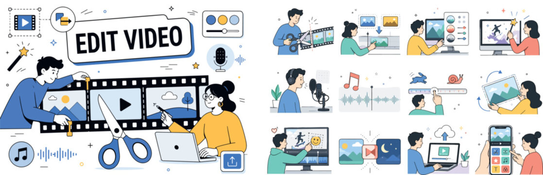 Video Editing Tools. Clean editorial banner with one main creative editing scene: two creators editing media around an oversized filmstrip and a large scissors tool, trim handles, merge arrow, magic