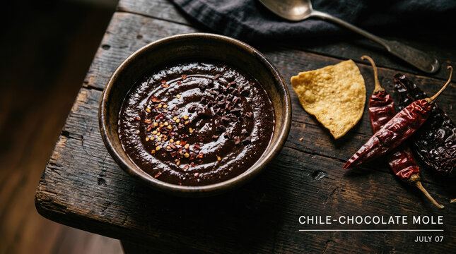 Dark rich chile chocolate mole sauce in bowl with tortilla chip and chiles dried peppers sauce boat