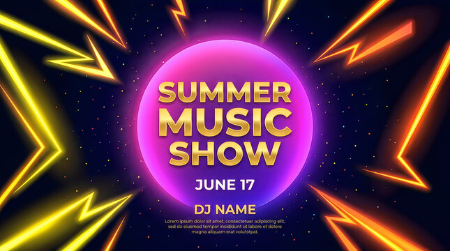 Horizontal summer music show poster with bright color graphic elements, dark background and text.