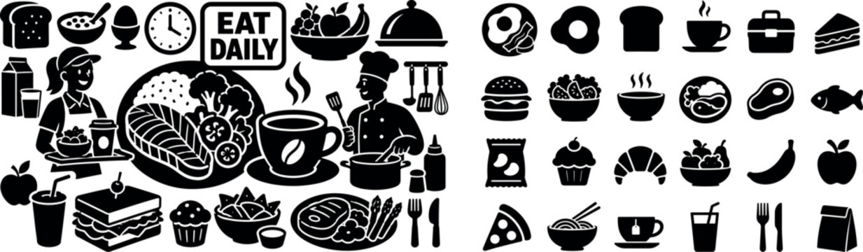 All Day Food Service. Banner with breakfast lunch snack dinner scene, one person holding tray and one chef, oversized plate and oversized coffee cup, small elements toast sandwich fruit bowl utensils