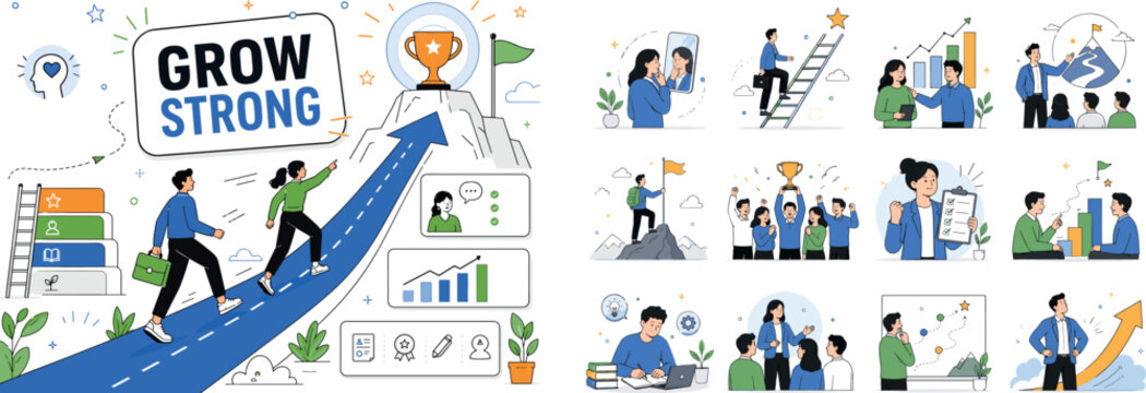 Personal Leadership Growth Banner. Career development journey scene showing self discovery, confidence, and success, with two geometric characters moving along a large oversized upward path and trophy