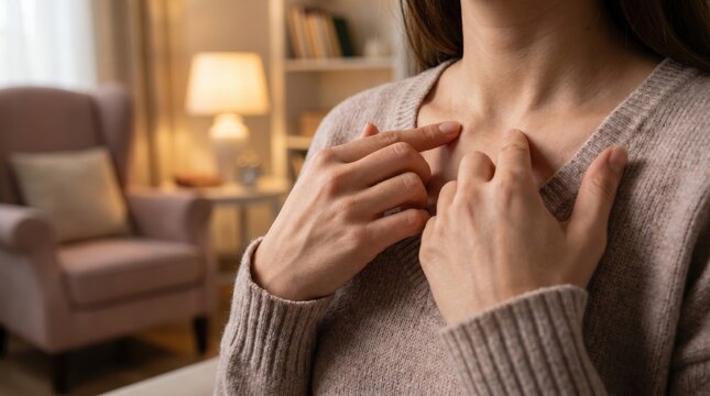 Close up of woman hands tapping collarbone doing emotional freedom technique for stress relief