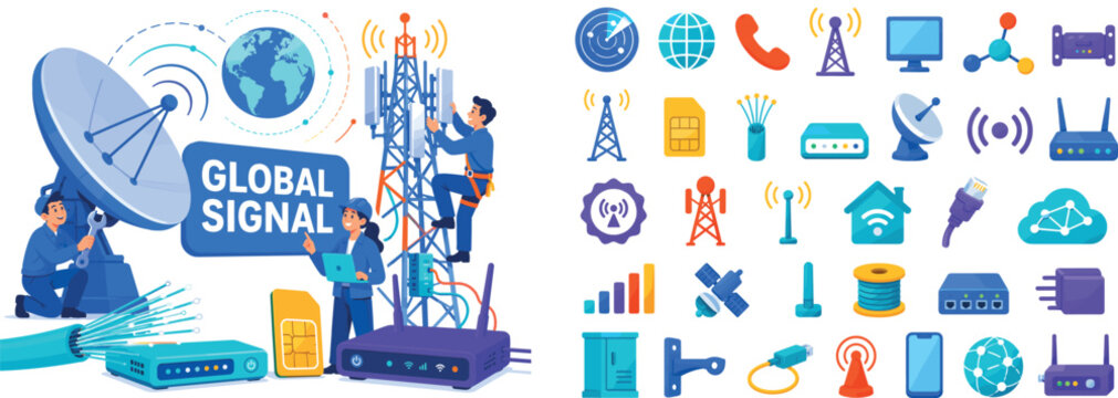 Telecom Network Signals banner with two telecom engineers and one technician connecting an oversized satellite dish and giant signal tower across the full canvas, fiber optic cable touching left edge,