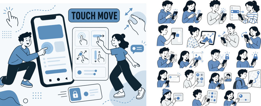 Touchscreen Gesture Mobile Banner scene about touchscreen gestures, mobile interaction and smartphone navigation, 2 expressive app users demonstrating around one oversized smartphone screen and one