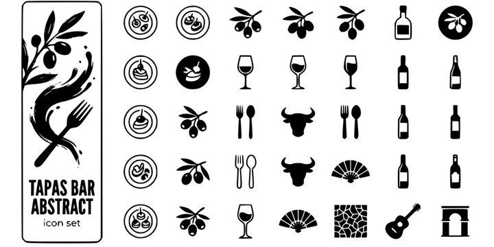 Tapas Bar Abstract Black White-Olive Branch Wine Fork-Spanish Food Vector-Tapas Icon Abstract-Bar Branding Design Set