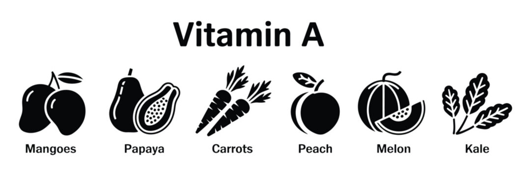 Vitamin a rich foods infographic set featuring stylized black silhouette icons of mangoes papaya carrots peach melon and kale for healthy diet nutrition