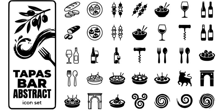 Tapas Bar Abstract Black White-Olive Branch Wine Fork-Spanish Food Vector-Tapas Icon Abstract-Bar Branding Design Set