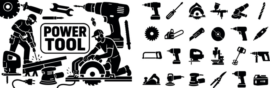 Power Tool Workshop. Solid black glyph-style banner for power tool workshop construction scene, with two builders using electric equipment, oversized cordless drill and giant circular saw reaching all
