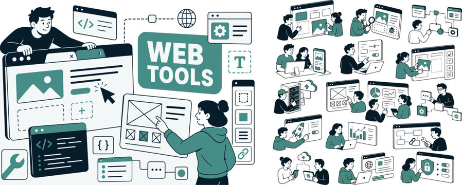 Modern Flat Series Web Symbols banner with two developers interacting with oversized abstract web icons and interface blocks, UI elements filling edges, bold uppercase text WEB TOOLS inside rounded