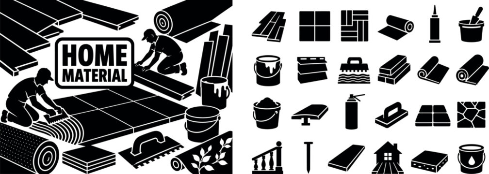 Building Materials Flooring. Solid black glyph-style banner for building materials and flooring renovation scene, with two installers working inside a home interior, oversized laminate plank and giant