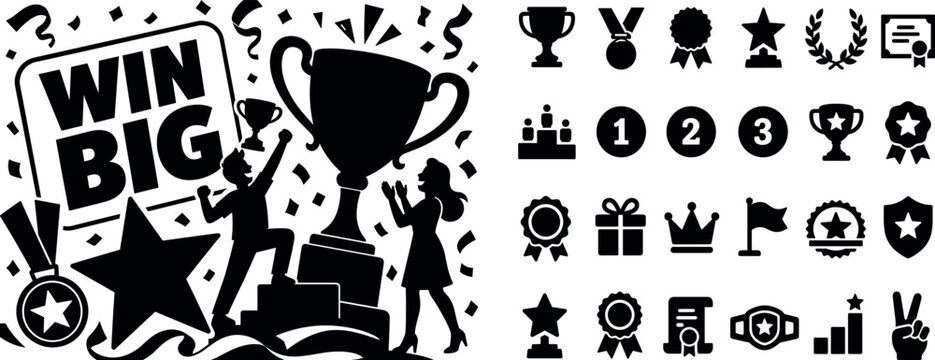 Trophy Award Victory. Banner with winner holding trophy and presenter clapping, oversized trophy cup and oversized star, small elements confetti ribbon medal filling edges, bold uppercase text "WIN