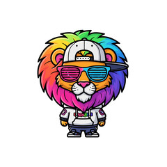 Naklejka premium Cool Lion Character with Rainbow Mane, Hat, and Sunglasses.